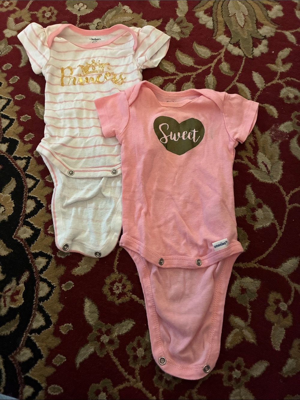 Gerber Pink and White Baby One-Piece Bodysuits with Gold Accents